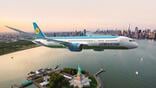 Rendering of a Boeing 787-9 flying over New York in Uzbekistan Airways livery.