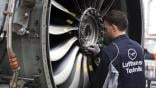 Lufthansa Technik technician inspecting at Leap 1B engine at its overhaul shop in Hamburg.