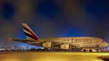 After its return flight to Dubai International Airport (DXB) was canceled due to the war in the Middle East, an Emirates airplane remains parked at Los Angeles International Airport (LAX) on March 2, 2026.