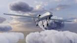 3D animation of military remotely-piloted drone flight. Combat drone launches missiles to hit military targets.