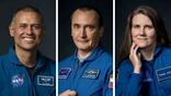 From left, NASA astronaut Anil Menon and Roscosmos cosmonauts Pyotr Dubrov and Anna Kikina will launch aboard the Soyuz MS-29 spacecraft from the Baikonur Cosmodrome in Kazakhstan to the International Space Station. NASA